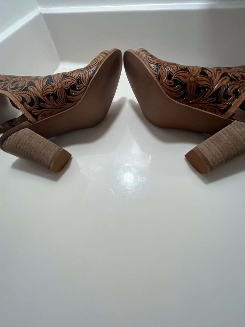 Myra Bag Dodge Town Hand-Tooled Leather Open Toe Heels - Picture 11 of 15